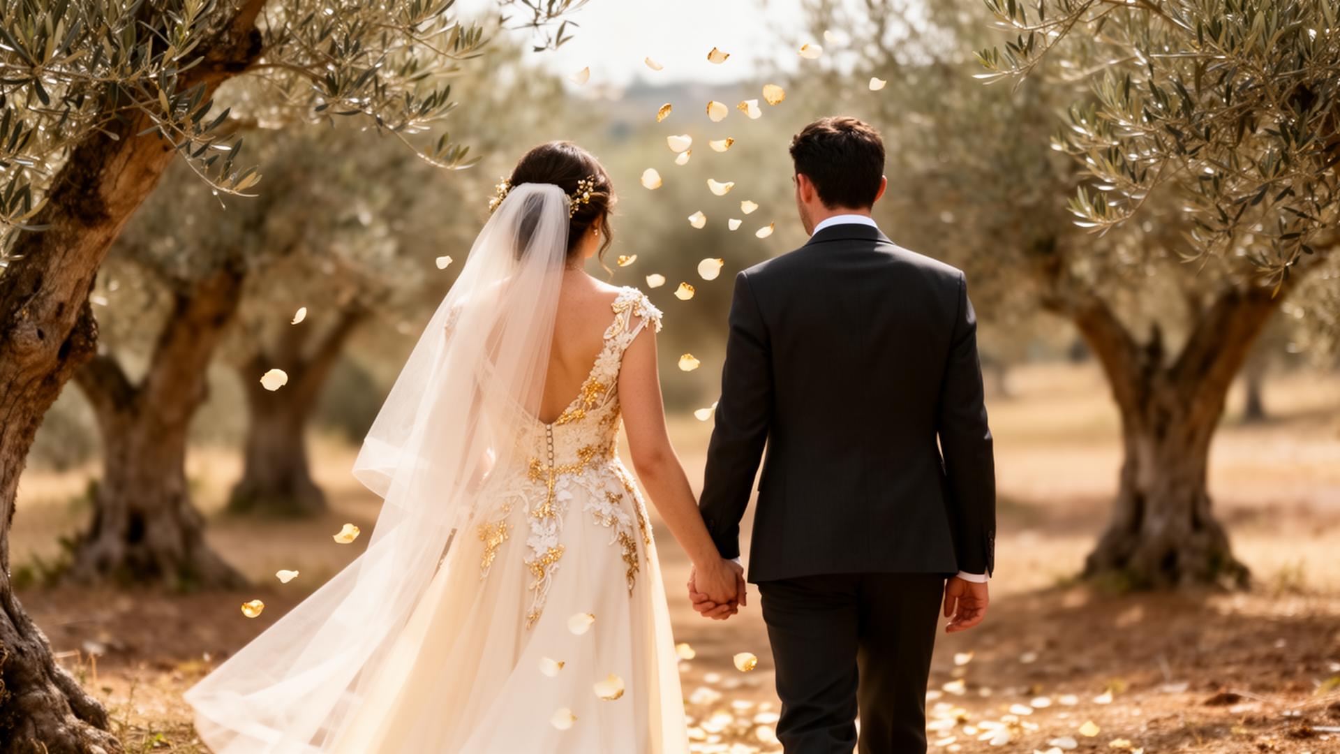 Couple walking through olive grove on their wedding day
